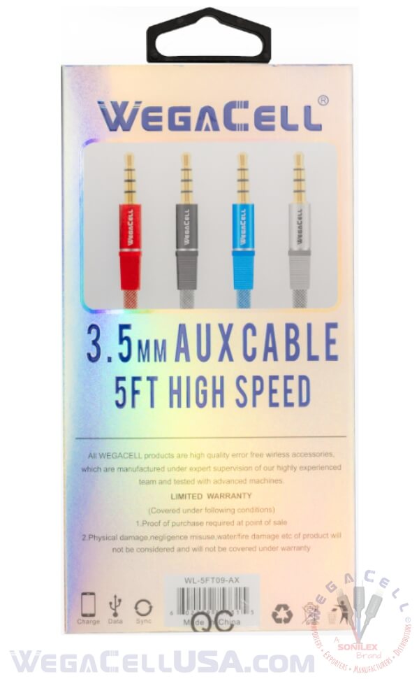 hifi stereo sound braided 5 ft - aux cable - wholesale pkg. wegacell: wl-5ft09-ax aux cable 18