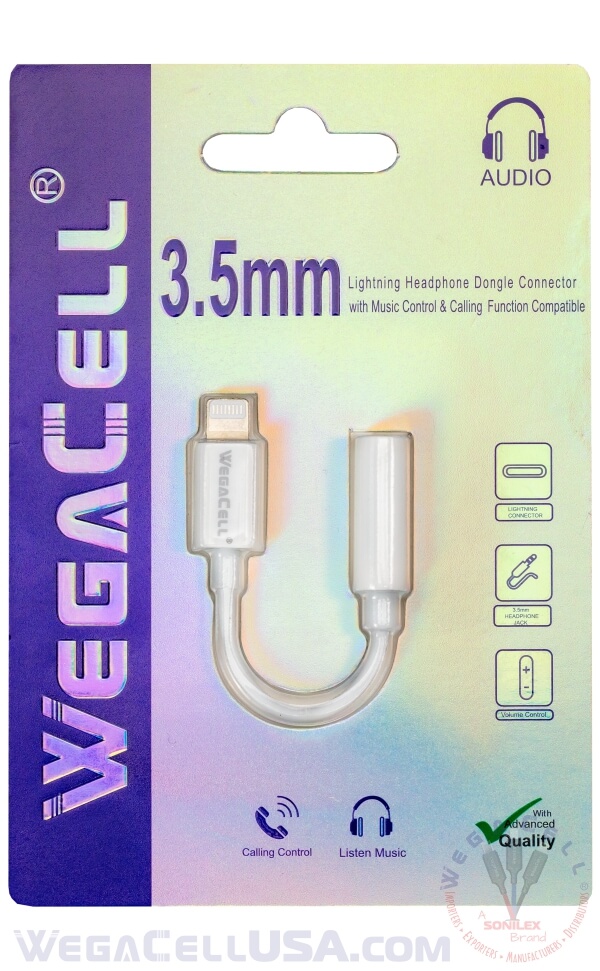 apple iphone lightning to 3.5 mm aux adapter - wholesale pkg. wegacell: wl-44iph-cn cellphone adapter 4
