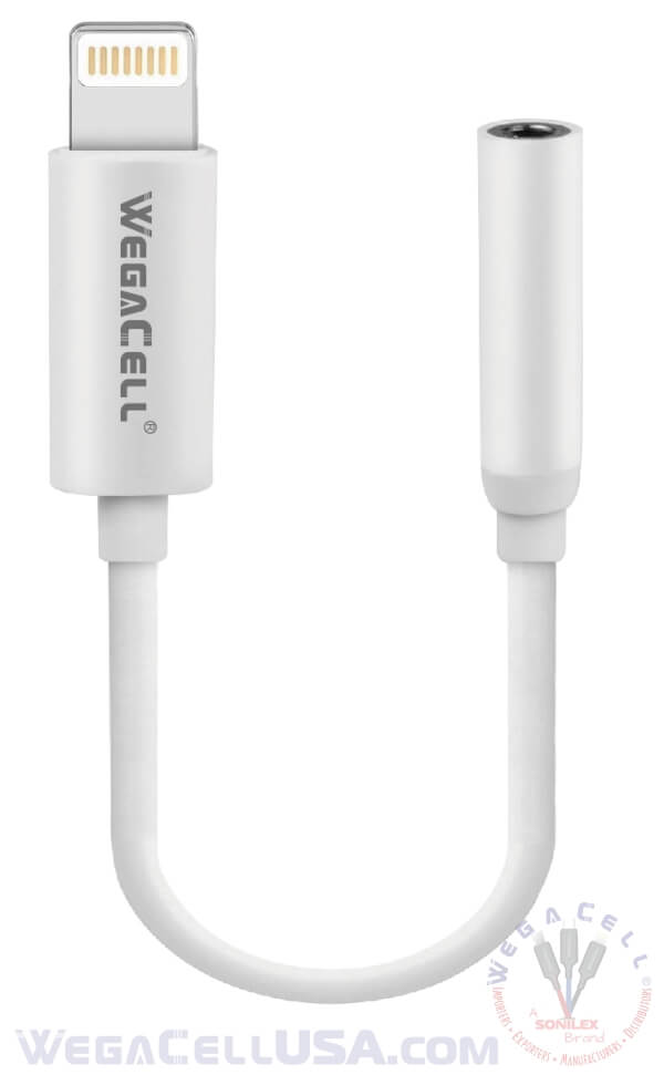 apple iphone lightning to 3.5 mm aux adapter - wholesale pkg. wegacell: wl-44iph-cn cellphone adapter 10