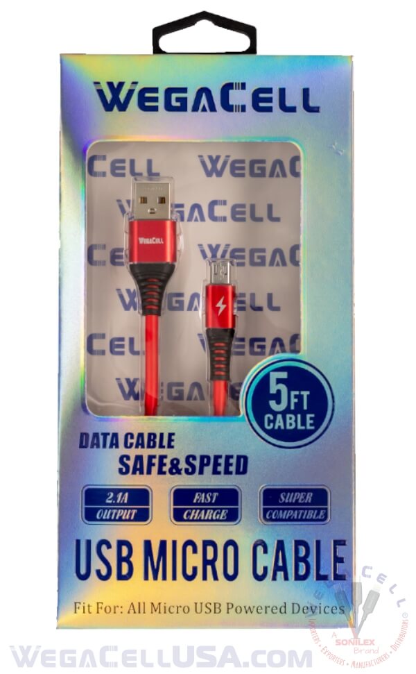 android v8 micro usb braided fast charging 5 ft tpe data cable - wholesale pkg. wegacell: wl-5cbl12-mcr data cable 10