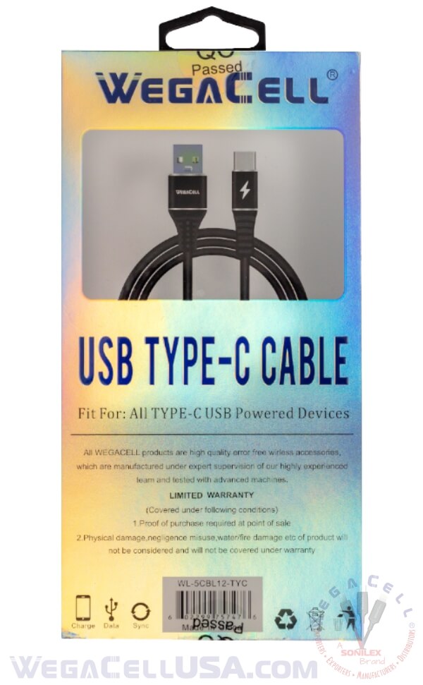 android type c usb braided fast charging 5 ft tpe data cable - wholesale pkg. wegacell: wl-5cbl12-tyc data cable 20