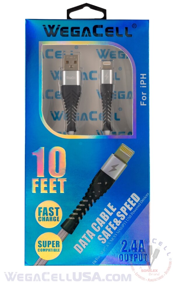 apple compatible fast charging 10 ft lightning tpe data cable - wholesale pkg. wegacell: wl-10ftcbl26-ipc data cable 12