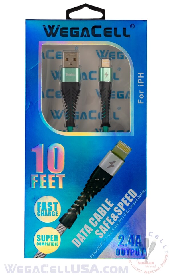 apple compatible fast charging 10 ft lightning tpe data cable - wholesale pkg. wegacell: wl-10ftcbl26-ipc data cable 16