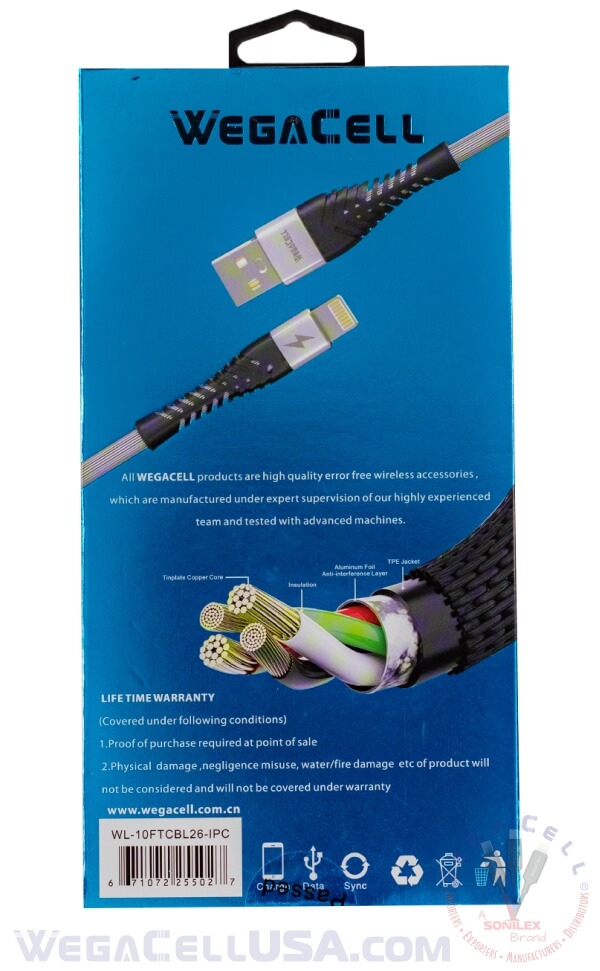 apple compatible fast charging 10 ft lightning tpe data cable - wholesale pkg. wegacell: wl-10ftcbl26-ipc data cable 20