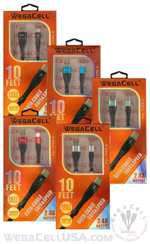 Android Type C USB Braided Fast Charging 10 Ft TPE Data Cable - Wholesale Pkg. WegaCell: WL-10FTCBL27-TYC