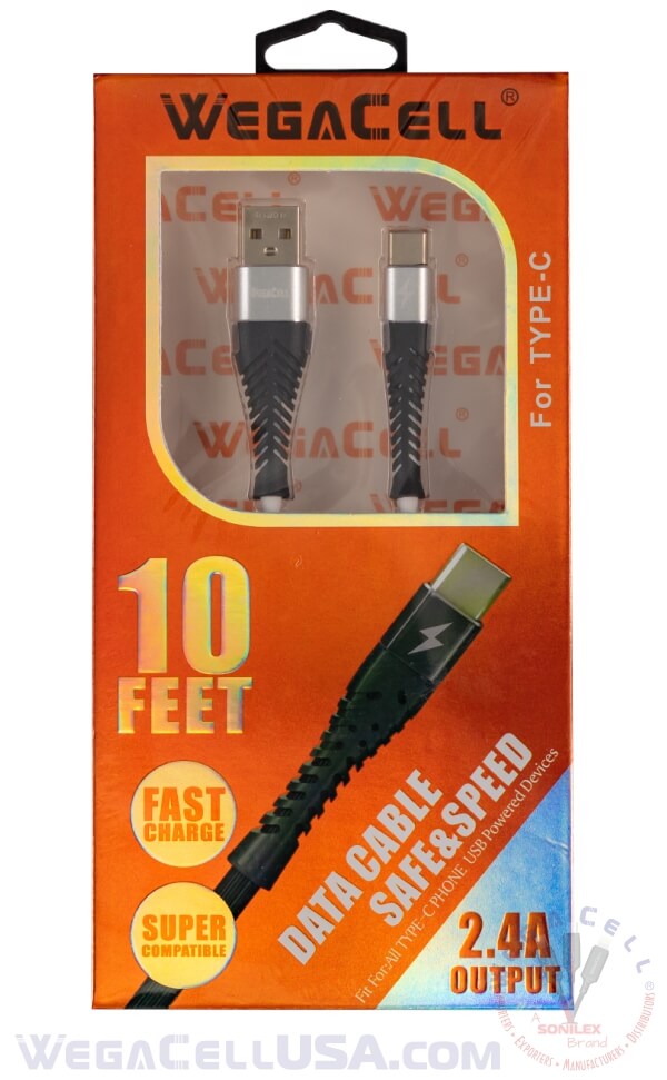 android type c usb braided fast charging 10 ft tpe data cable - wholesale pkg. wegacell: wl-10ftcbl27-tyc data cable 12