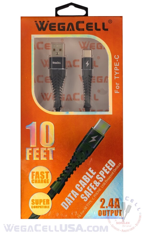 android type c usb braided fast charging 10 ft tpe data cable - wholesale pkg. wegacell: wl-10ftcbl27-tyc data cable 18