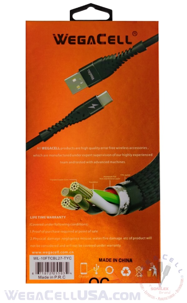 android type c usb braided fast charging 10 ft tpe data cable - wholesale pkg. wegacell: wl-10ftcbl27-tyc data cable 20