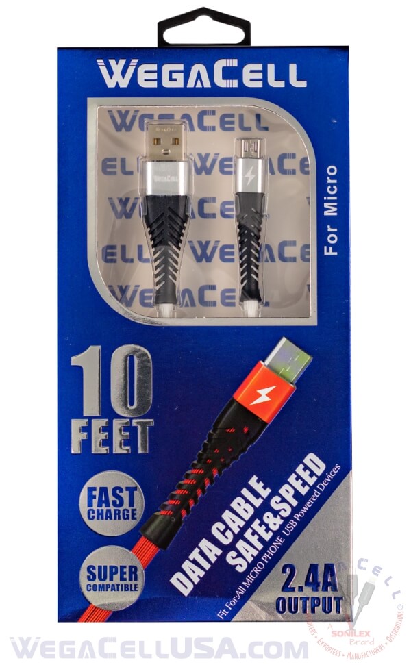 android v8 micro usb braided fast charging 10 ft tpe data cable - wholesale pkg. wegacell: wl-10ftcbl28-mcr data cable 12