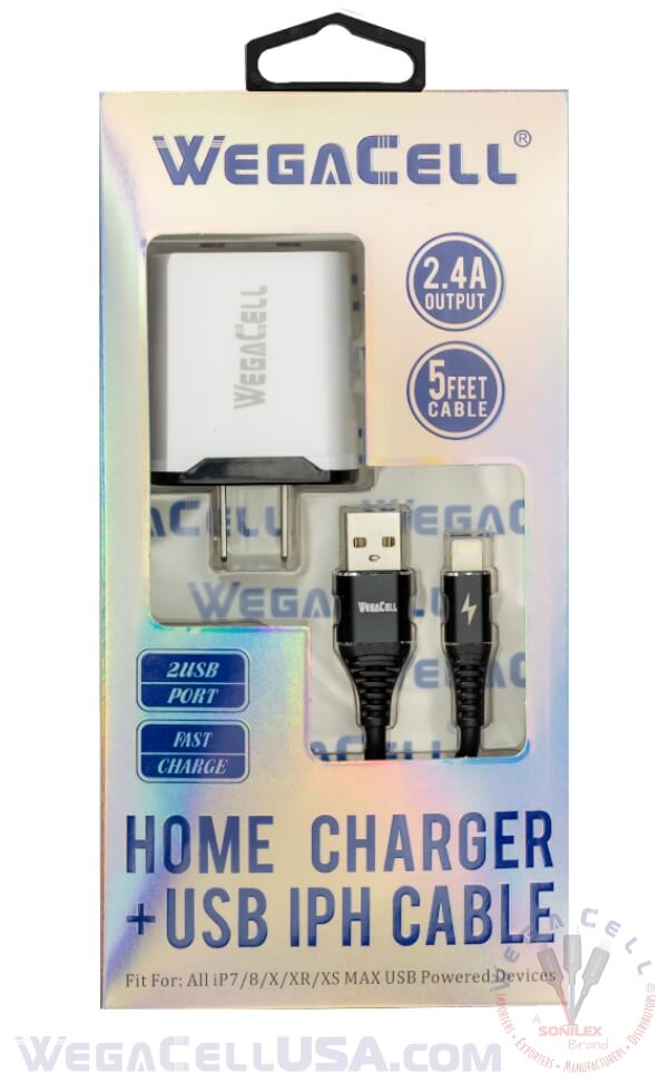 apple compatible universal dual port wall charger lightning cable combo - wholesale pkg. wegacell: wl-1602iph-2hc data cable charger combo 16