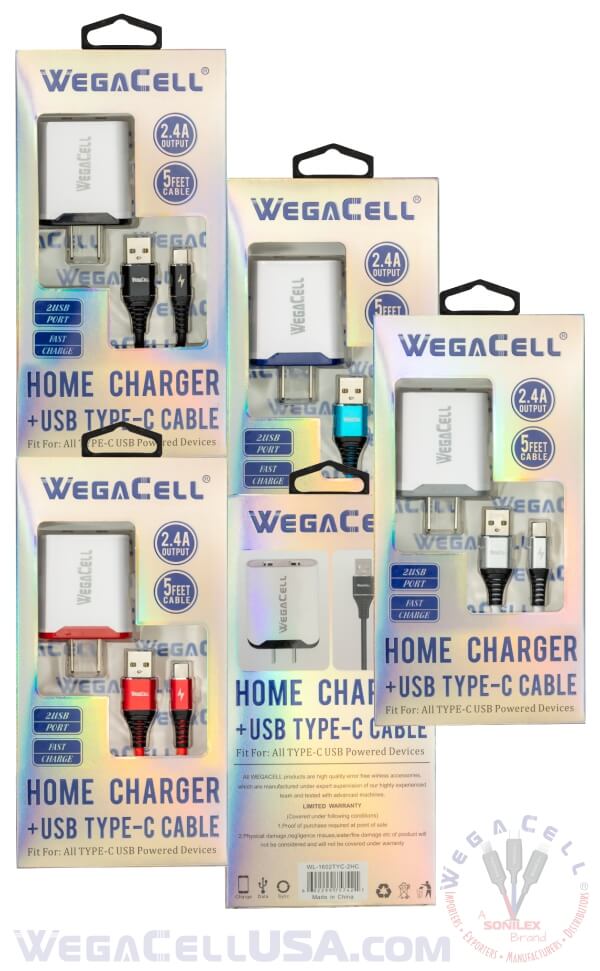 android universal dual port wall charger usb type c cable combo - wholesale pkg. wegacell: wl-1602tyc-2hc data cable charger combo 4