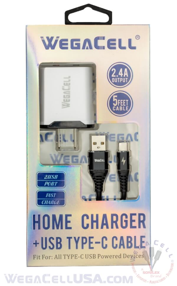 android universal dual port wall charger usb type c cable combo - wholesale pkg. wegacell: wl-1602tyc-2hc data cable charger combo 12