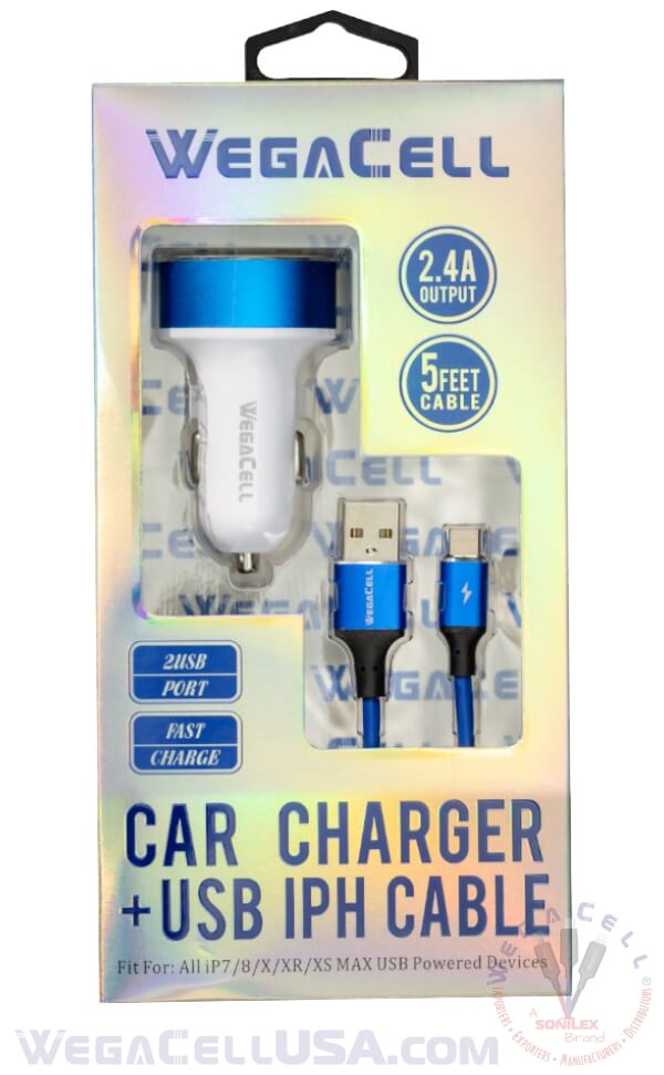 apple compatible universal dual port car charger lightning cable combo - wholesale pkg. wegacell: wl-1604iph-2dch data cable charger combo 12