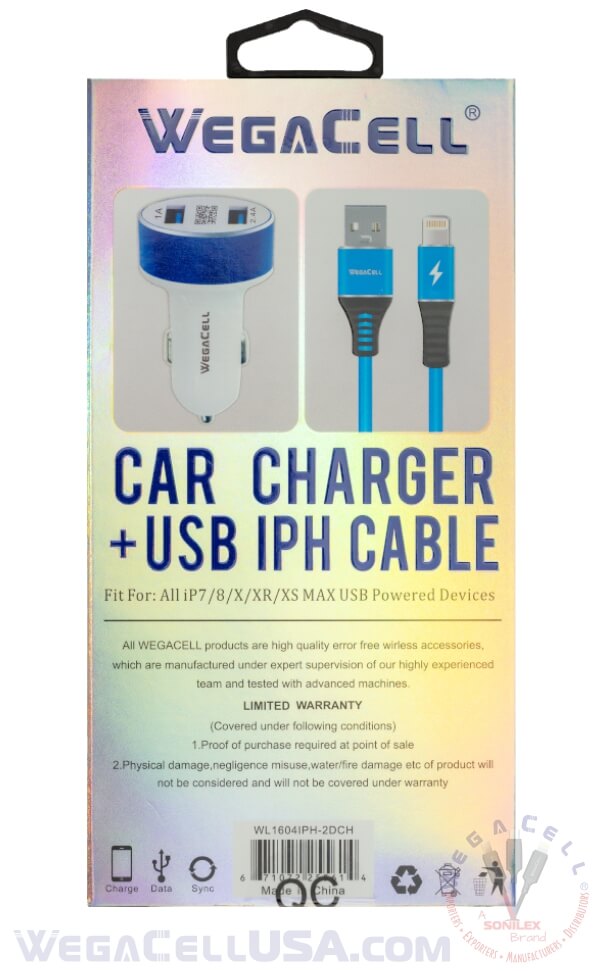 apple compatible universal dual port car charger lightning cable combo - wholesale pkg. wegacell: wl-1604iph-2dch data cable charger combo 14