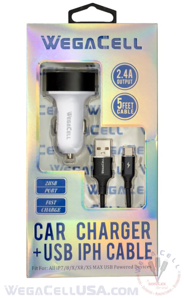 apple compatible universal dual port car charger lightning cable combo - wholesale pkg. wegacell: wl-1604iph-2dch data cable charger combo 16