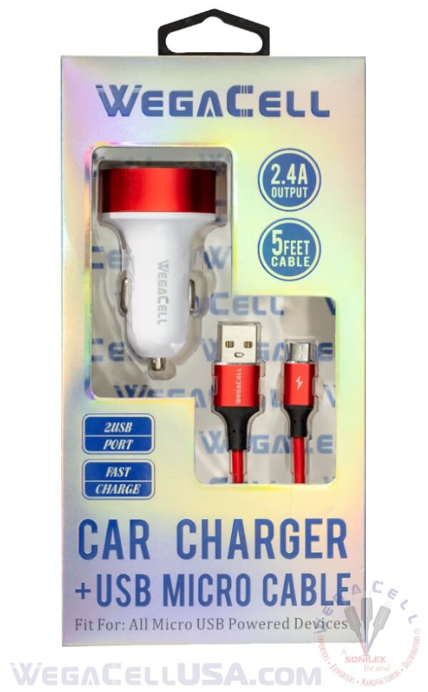 android universal dual port car charger v8 micro cable combo - wholesale pkg. wegacell: wl-1604mcr-2dch data cable charger combo 12