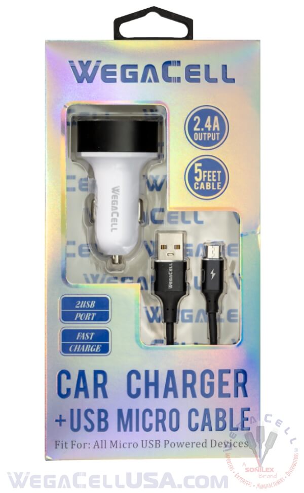 android universal dual port car charger v8 micro cable combo - wholesale pkg. wegacell: wl-1604mcr-2dch data cable charger combo 16