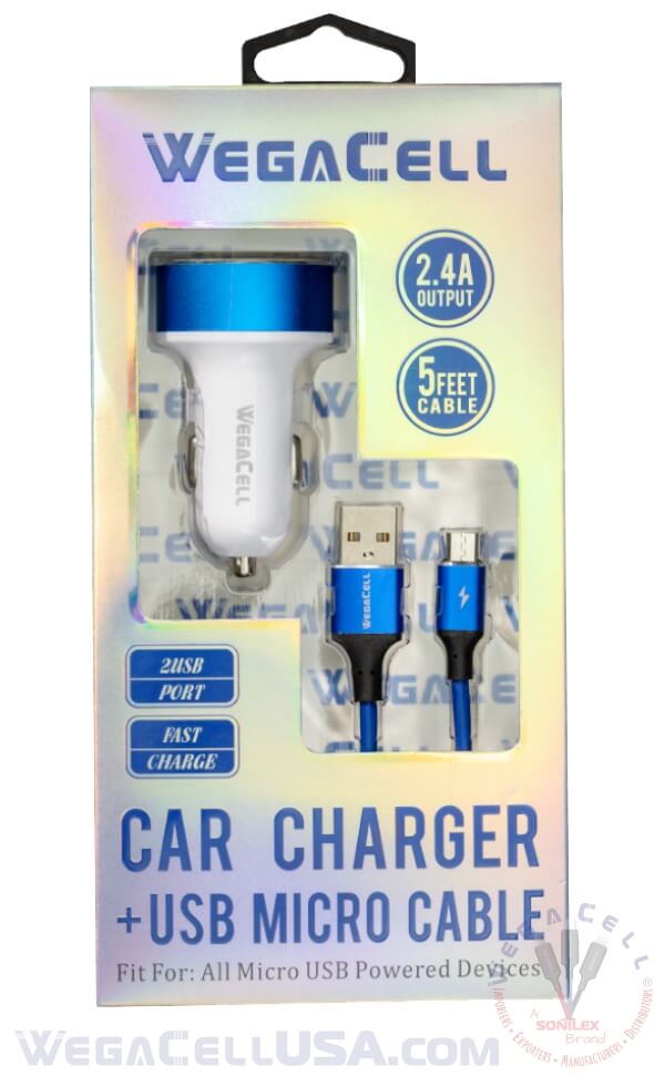 android universal dual port car charger v8 micro cable combo - wholesale pkg. wegacell: wl-1604mcr-2dch data cable charger combo 18