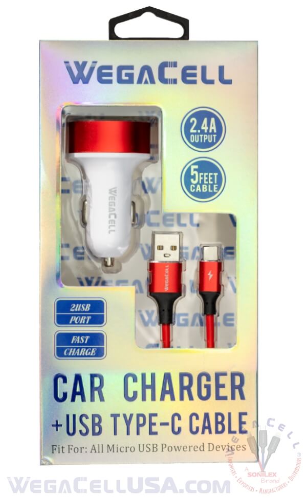 android universal dual port car charger usb type c cable combo - wholesale pkg. wegacell: wl-1604tyc-2dch data cable charger combo 12