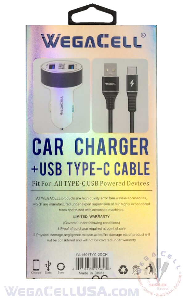 android universal dual port car charger usb type c cable combo - wholesale pkg. wegacell: wl-1604tyc-2dch data cable charger combo 14