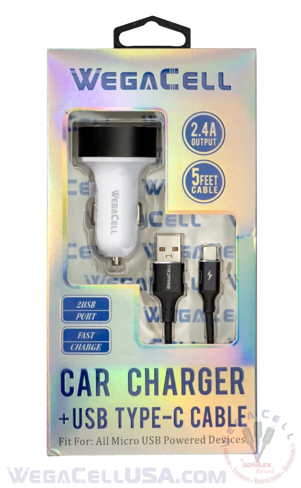 android universal dual port car charger usb type c cable combo - wholesale pkg. wegacell: wl-1604tyc-2dch data cable charger combo 18