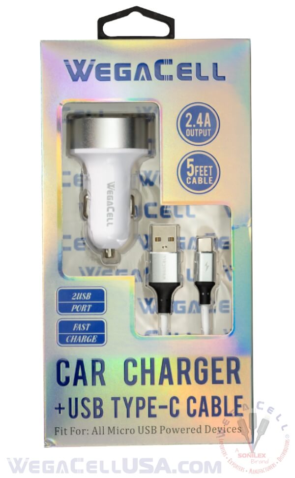 android universal dual port car charger usb type c cable combo - wholesale pkg. wegacell: wl-1604tyc-2dch data cable charger combo 20