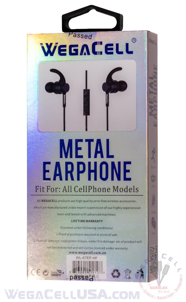 in-ear stereo earphone noise isolating heavy bass - wholesale pkg. wegacell: wl-67ep-hf earphone 12