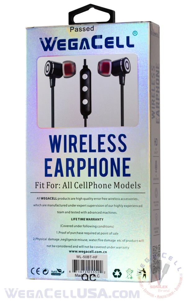 bluetooth 5.0 premium sound tangle-free wireless in-ear stereo earphone - wholesale pkg. wegacell: wl-50bt-hf bluetooth earphone 12