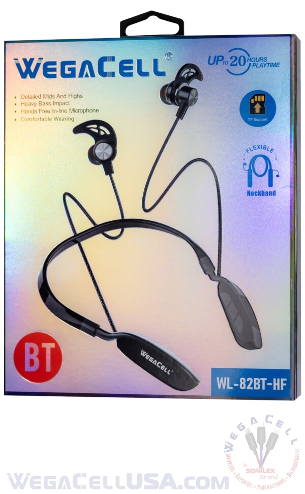 bluetooth 5.0 tf card flexible neckband 20 hr hd wireless earphone - wholesale pkg. wegacell: wl-82bt-hf bluetooth earphone 10