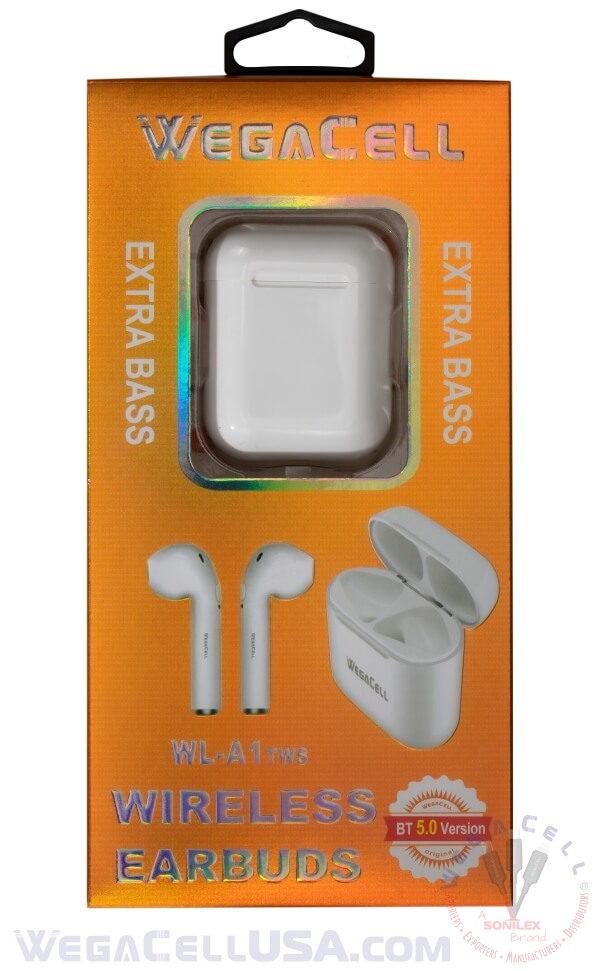 bluetooth 5.0 tws hd wireless earbuds - wholesale pkg. wegacell: wl-a1tws bluetooth earphone 12