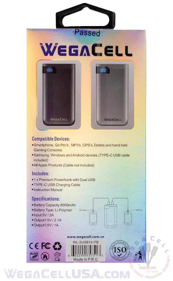 8000 mah power bank fast charging lithium-polymer portable battery pack - wholesale pkg. wegacell: wl-2usb14-pb powerbank 20