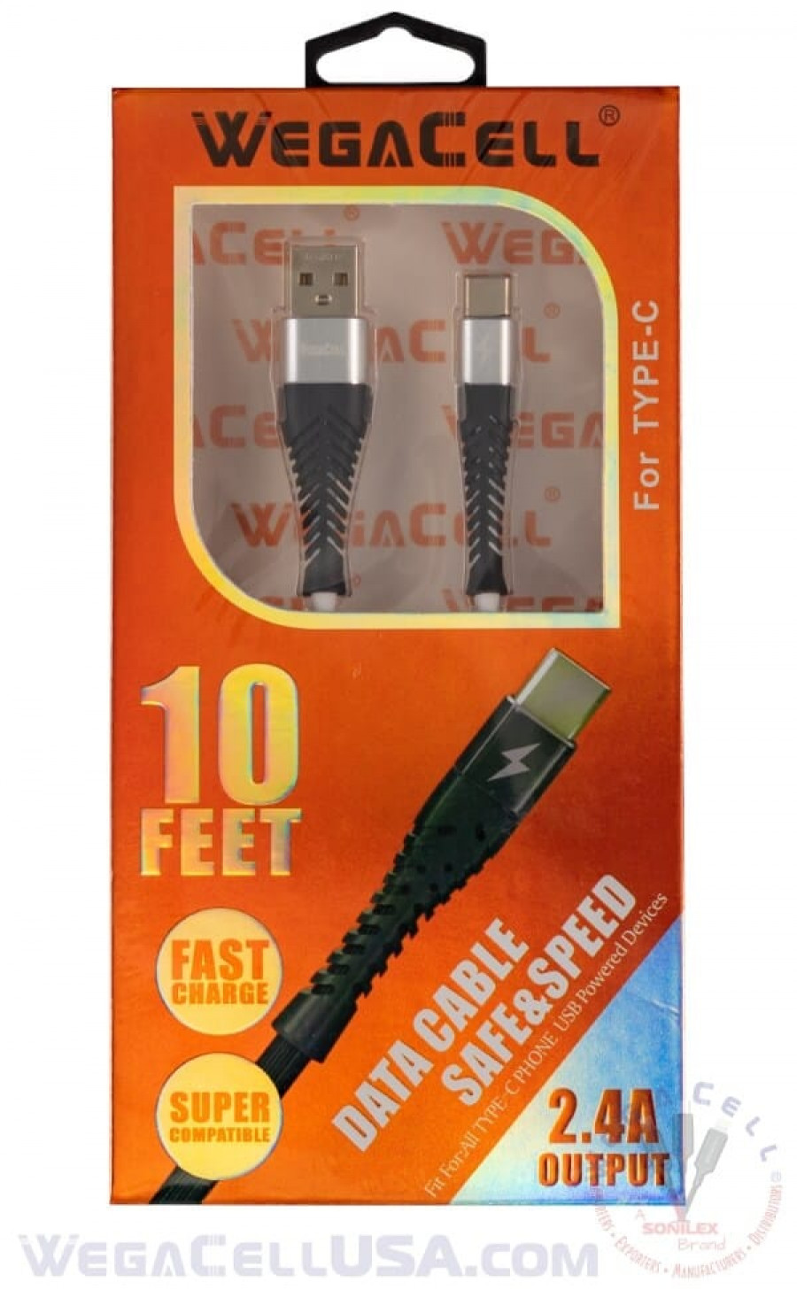 android type c usb braided fast charging 10 ft tpe data cable - wholesale pkg. wegacell: wl-10ftcbl27-tyc data cable 26