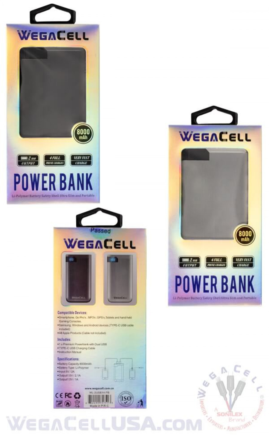 8000 mah power bank fast charging lithium-polymer portable battery pack - wholesale pkg. wegacell: wl-2usb14-pb powerbank 24